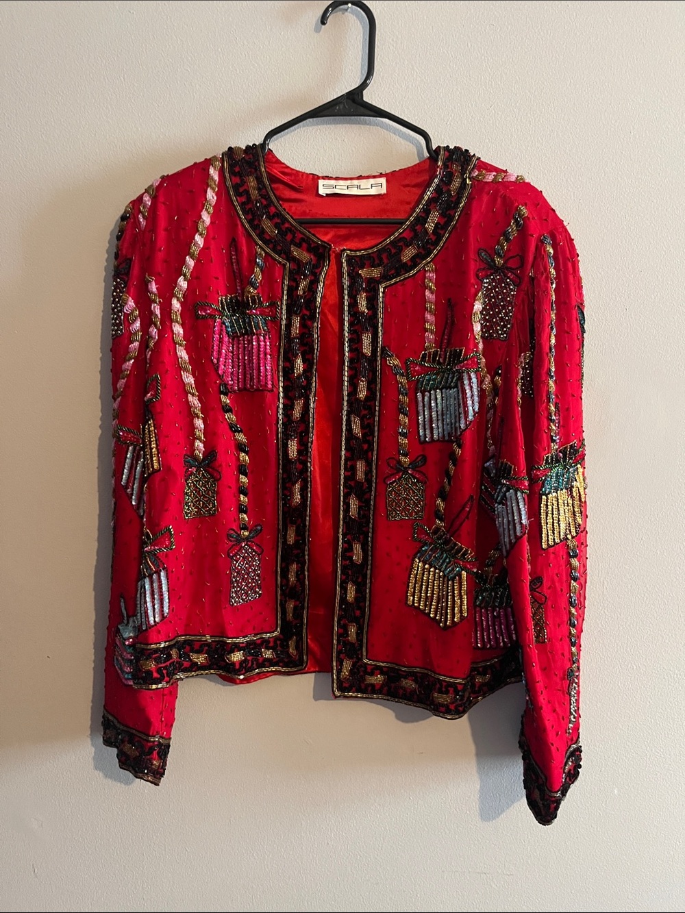 Scala Red Beaded Holiday Blazer with Multicolor Sequin Gifts SZ Large